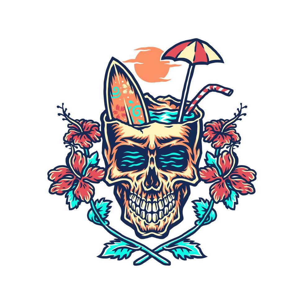 diseño gráfico de camiseta de playa de verano de cráneo, línea dibujada a mano con color digital, ilustración vectorial vector