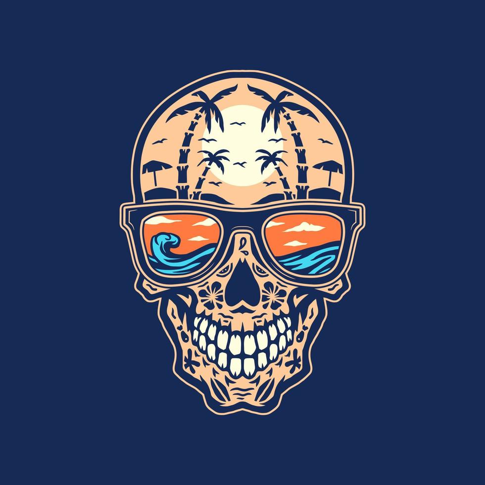 Skull beach, hand drawn line with digital color, vector illustration