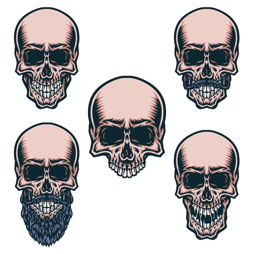 Set of different skull characters hand drawn line with digital color, vector illustration