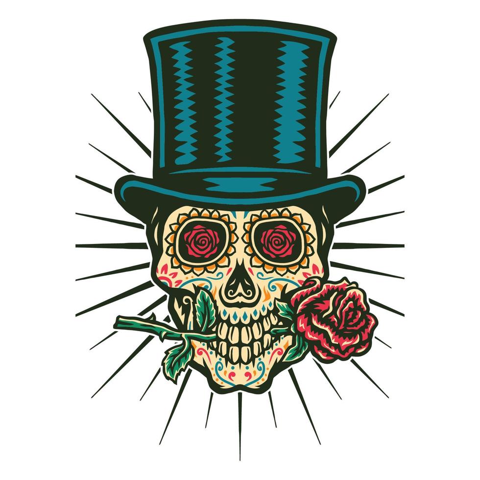 Vector illustration of sugar skull wears a top hat and bites the rose