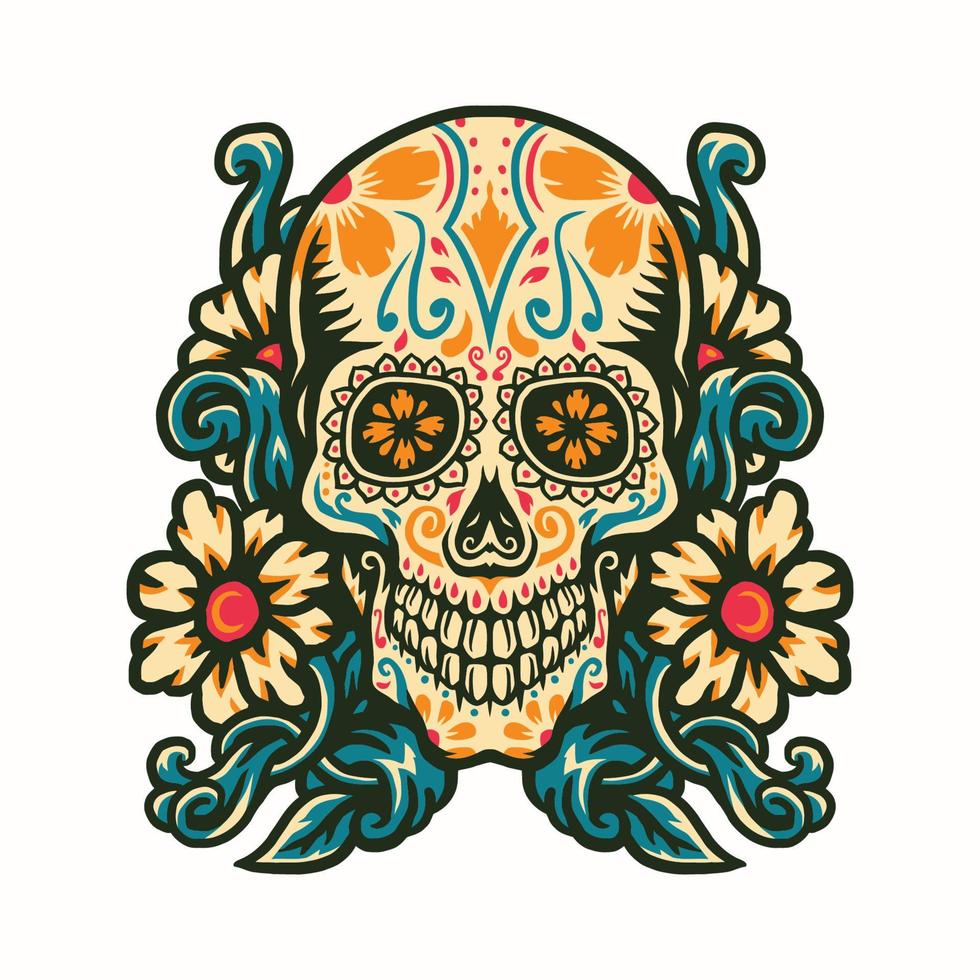 Vector illustration of sugar skull with flower border