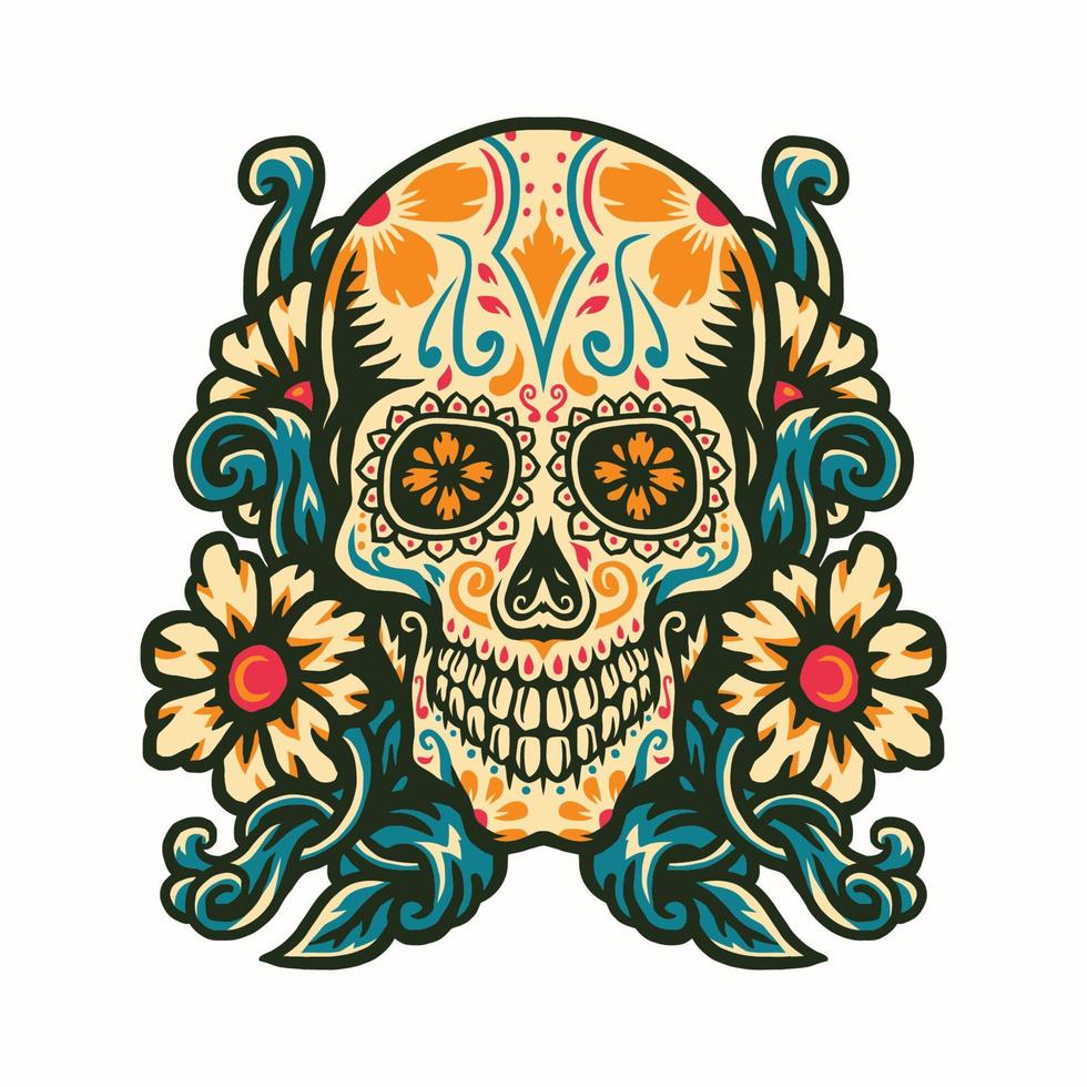 Vector illustration of sugar skull with flower border