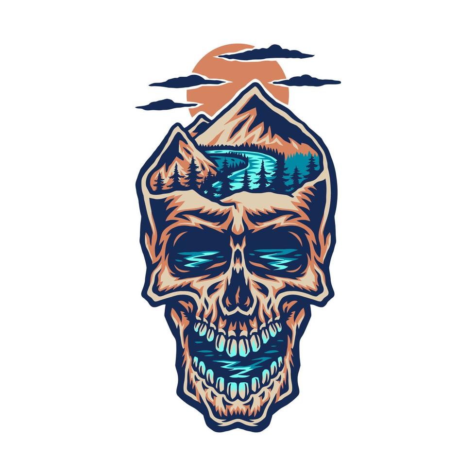 Mountain head skull, hand drawn line with digital color, vector illustration