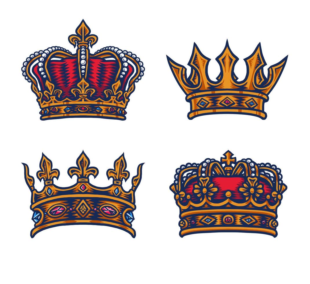 Set of king's crown, hand drawn line with digital color, vector illustration