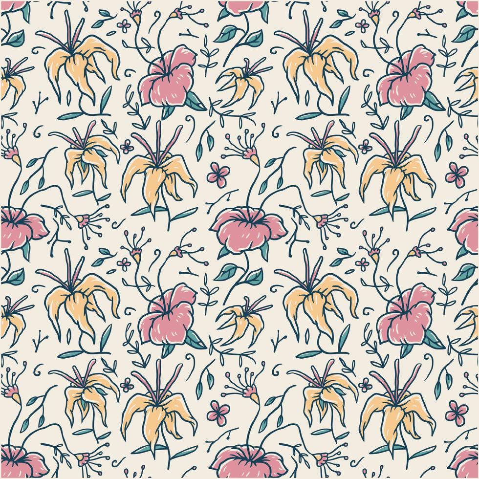 Seamless floral pattern, hand drawn line with digital color, vector illustration