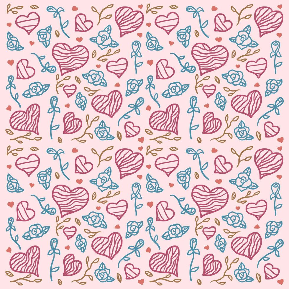 Valentine's day background with decorative hearts, hand drawn line with digital color, vector illustration