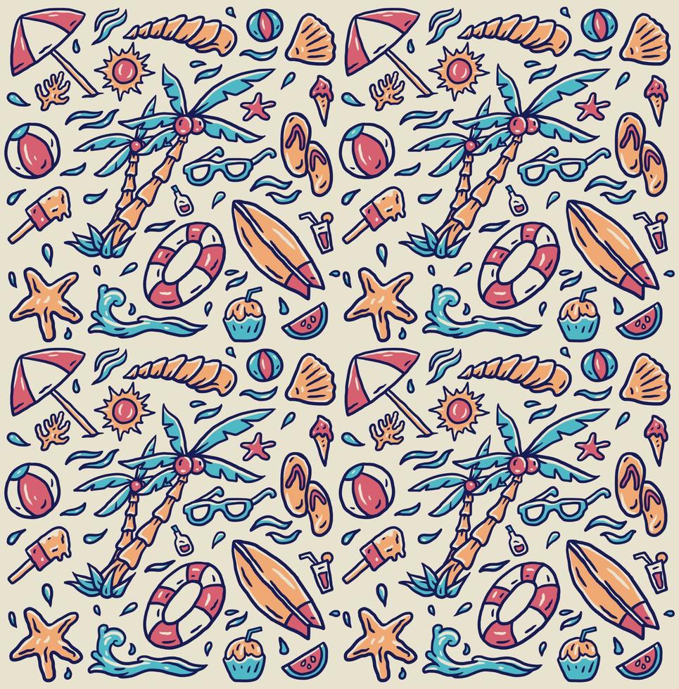 Hand drawn beach element pattern, hand drawn line with digital color, vector illustration