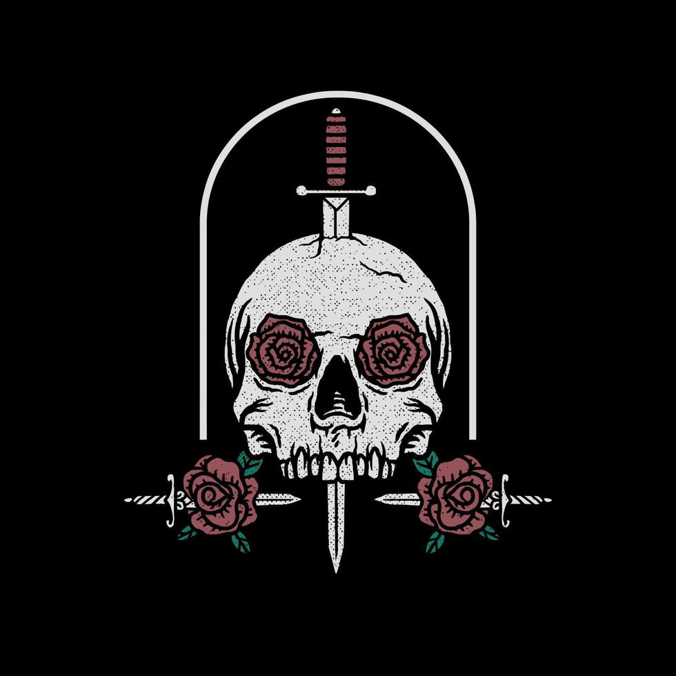 Sword through a skull with a knife and roses vector