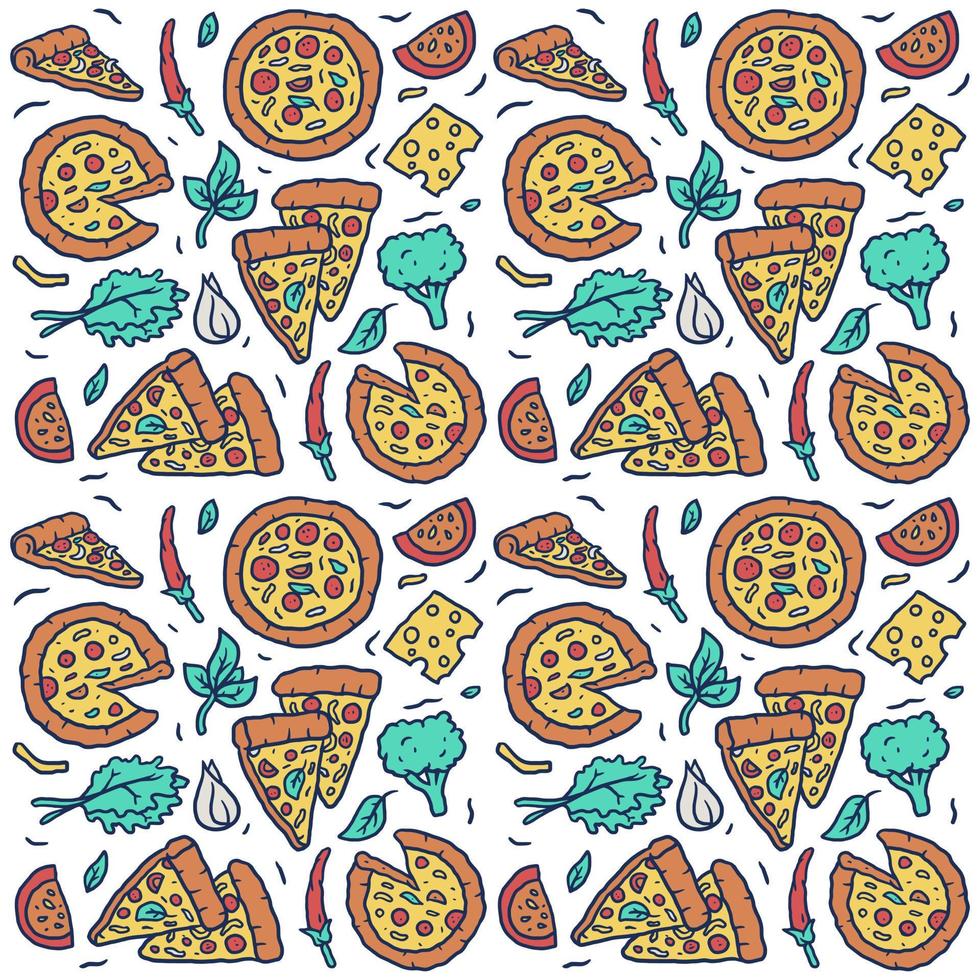 Vector seamless pattern of hand drawn colorful pizza, isolated on white background