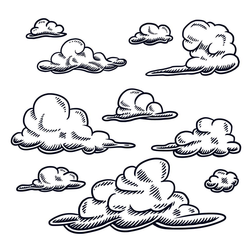 Set vector drawing of cloud, isolated on a white