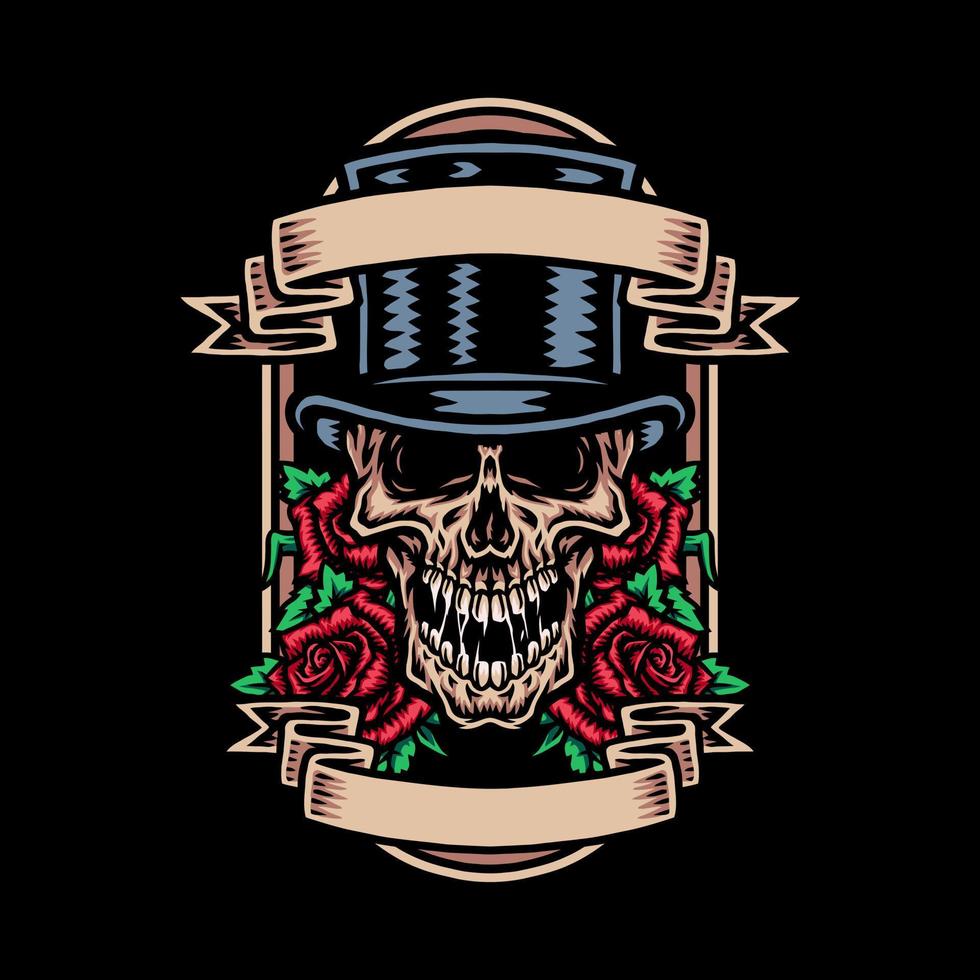 Skull in mafia hat with rose flower, vector illustration