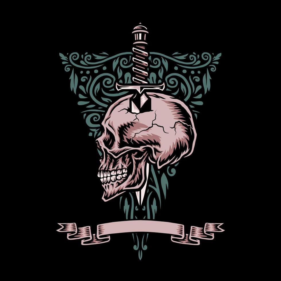 Skull knife with banner, hand drawn line with digital color, vector illustration