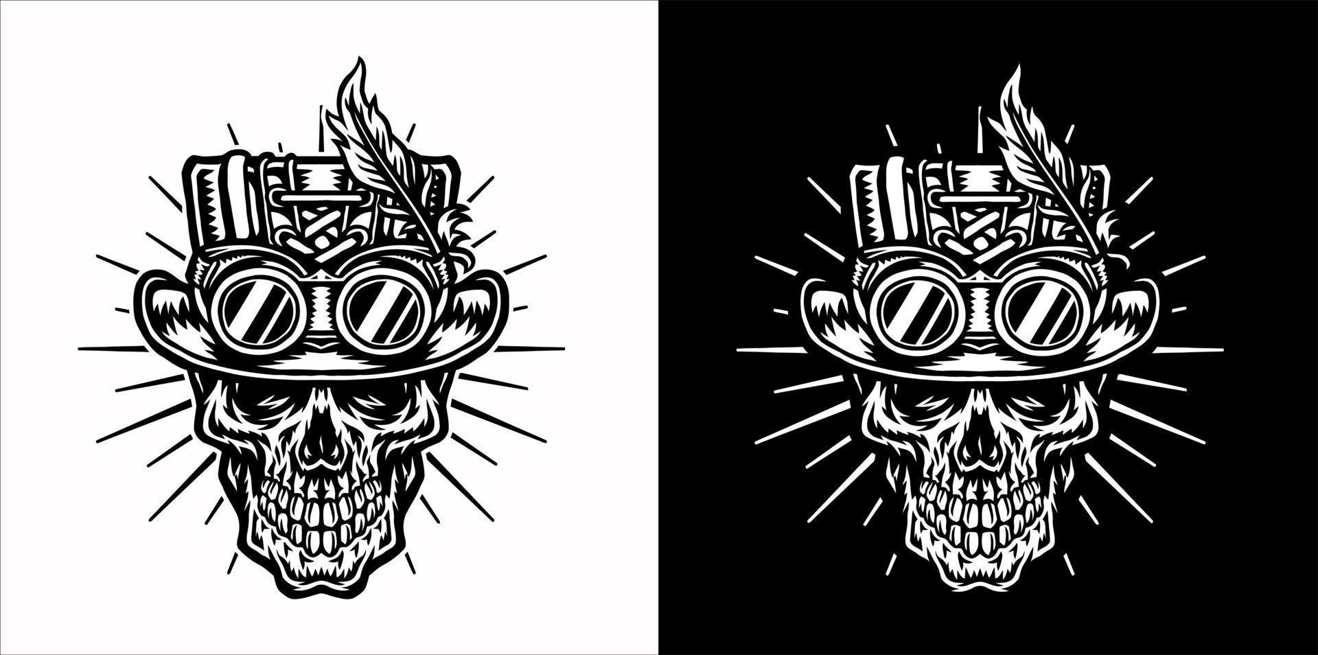 Vector illustration of skull wearing a steampunk hat, Isolated on dark and bright background.