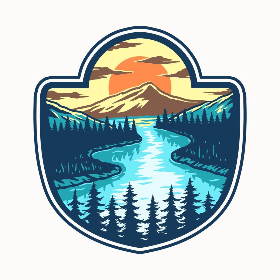 ilustración vectorial de lago, montaña y puesta de sol vector