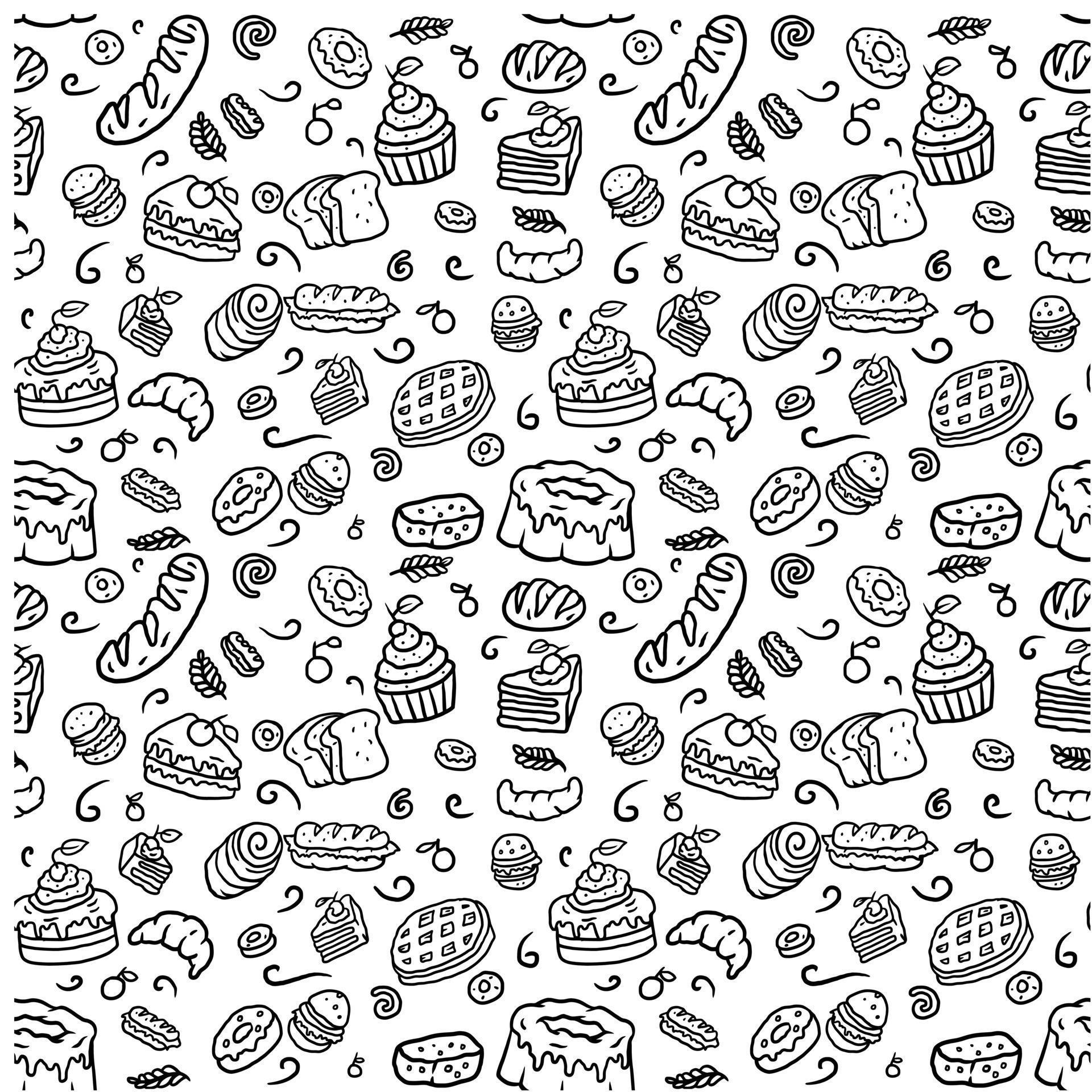 Seamless bakery pattern, hand drawn line art vector illustration