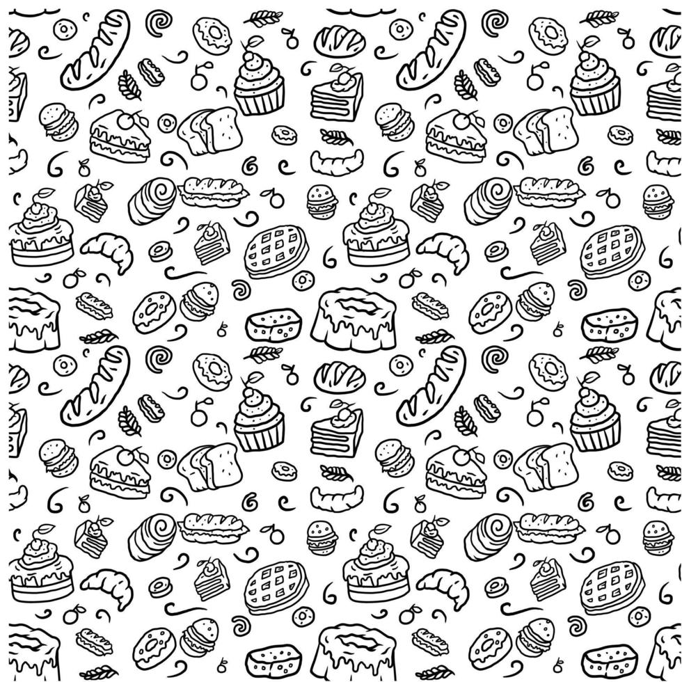 Seamless bakery pattern, hand drawn line art vector illustration