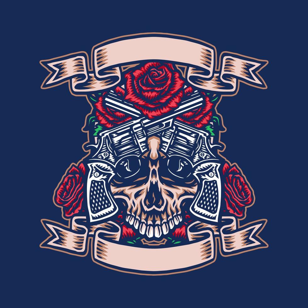 Skull with guns and roses, hand drawn line with digital color, vector illustration