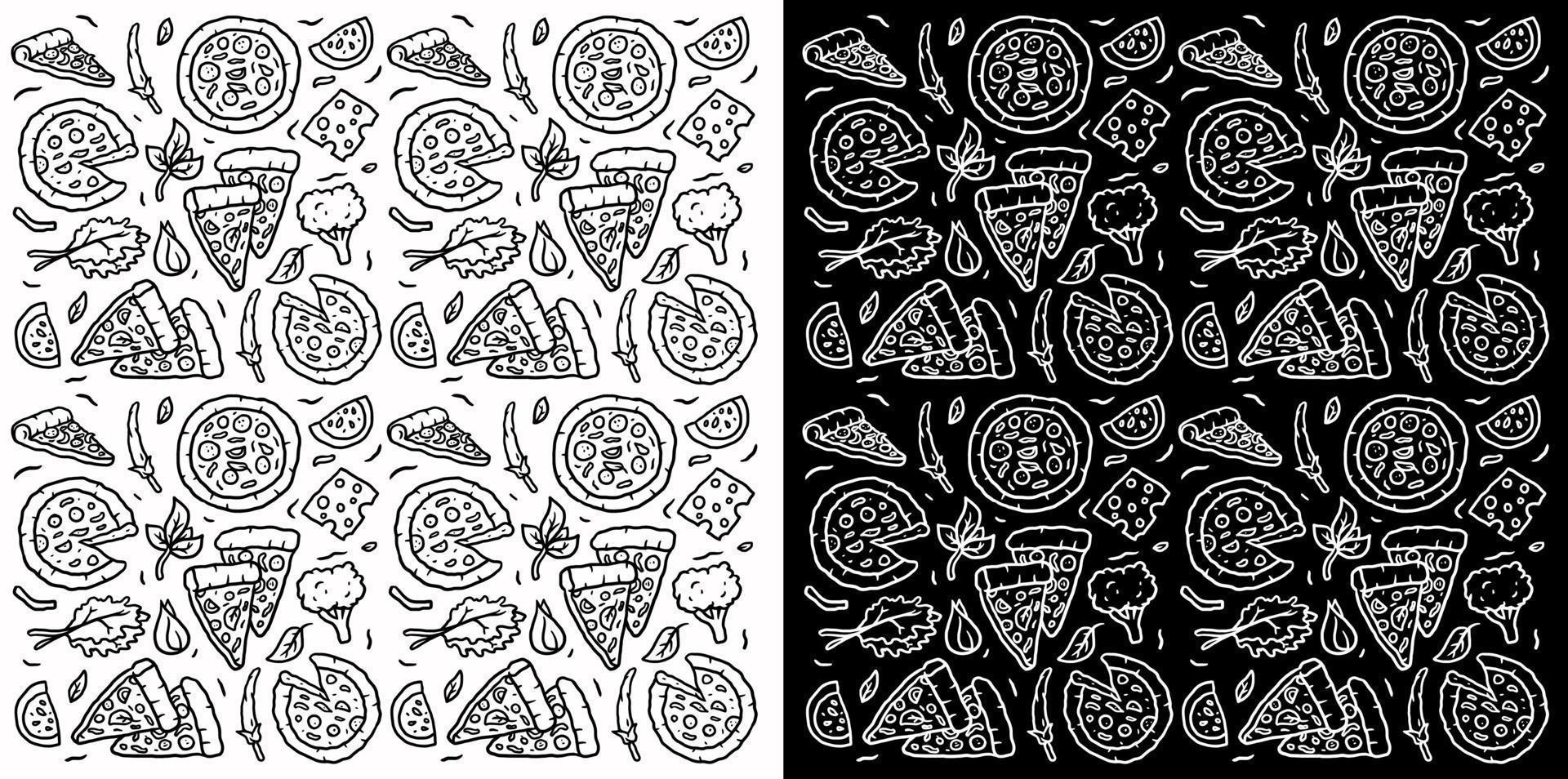 Pattern of hand drawn pizza, isolated on dark and bright background vector