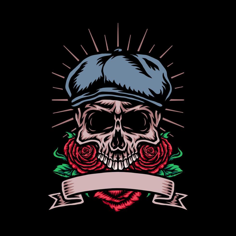Skull in cabbie hat with rose flower, vector illustration