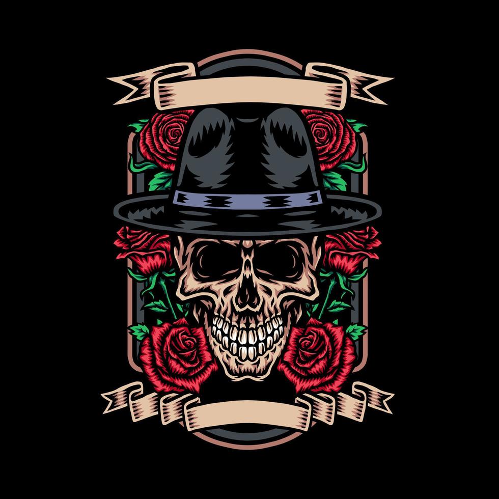 Skull in mafia hat with rose flower, vector illustration