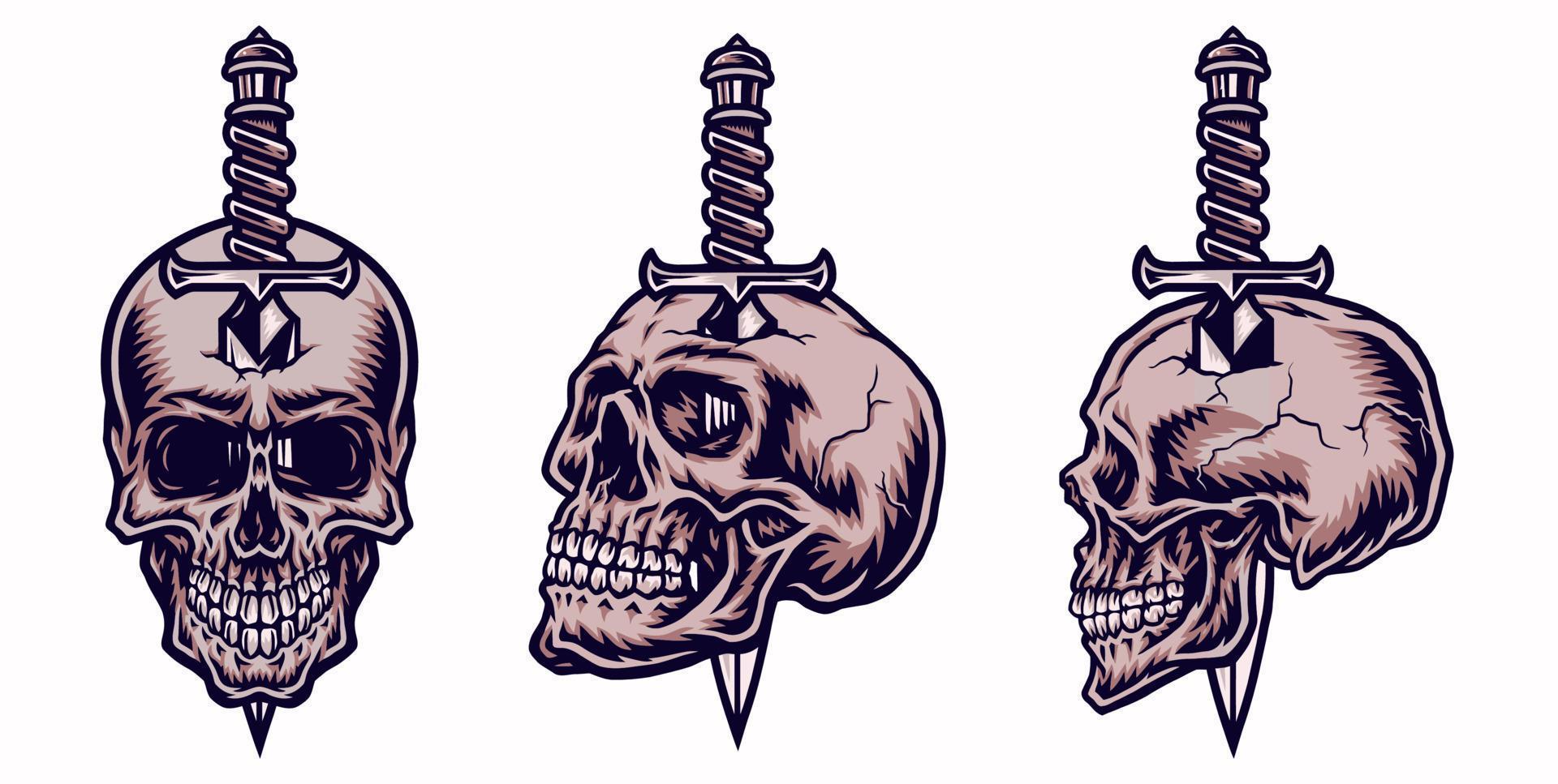 Set of knife through a skull, isolated on a white vector