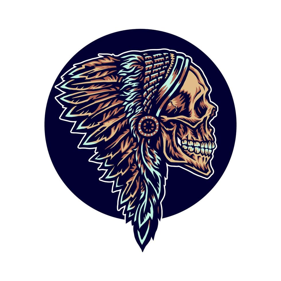 Native american skull, hand drawn line with digital color, vector illustration