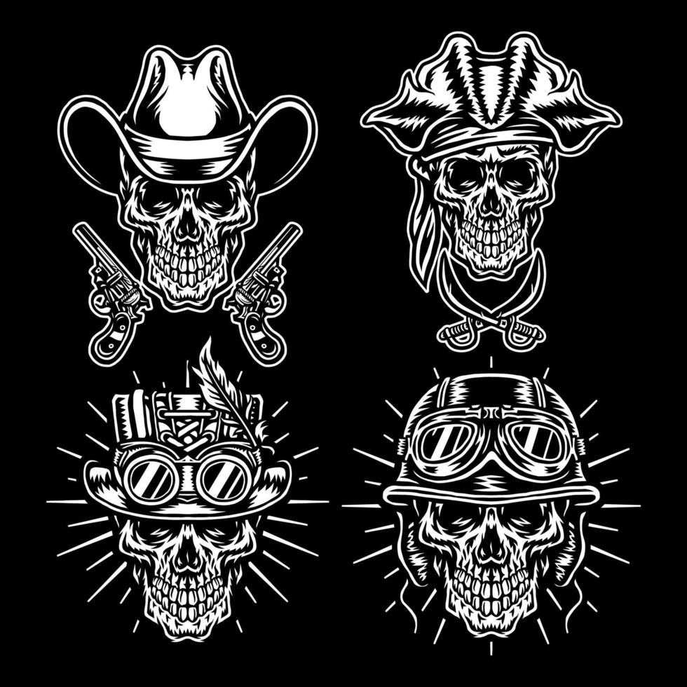 Set of skull characters, Isolated on dark background vector