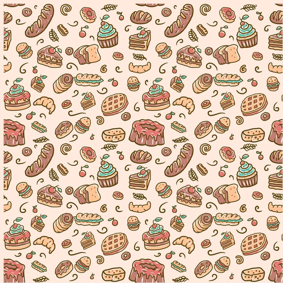 patrón de panadería sin costuras, línea dibujada a mano con color digital, ilustración vectorial vector