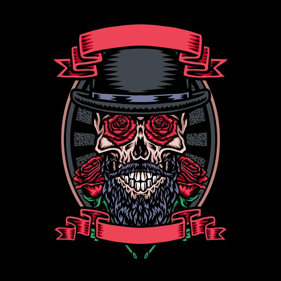 Skull in bowler hat with rose flower, vector illustration