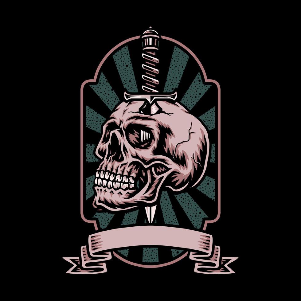 cuchillo de calavera con pancarta, línea dibujada a mano con color digital, ilustración vectorial vector