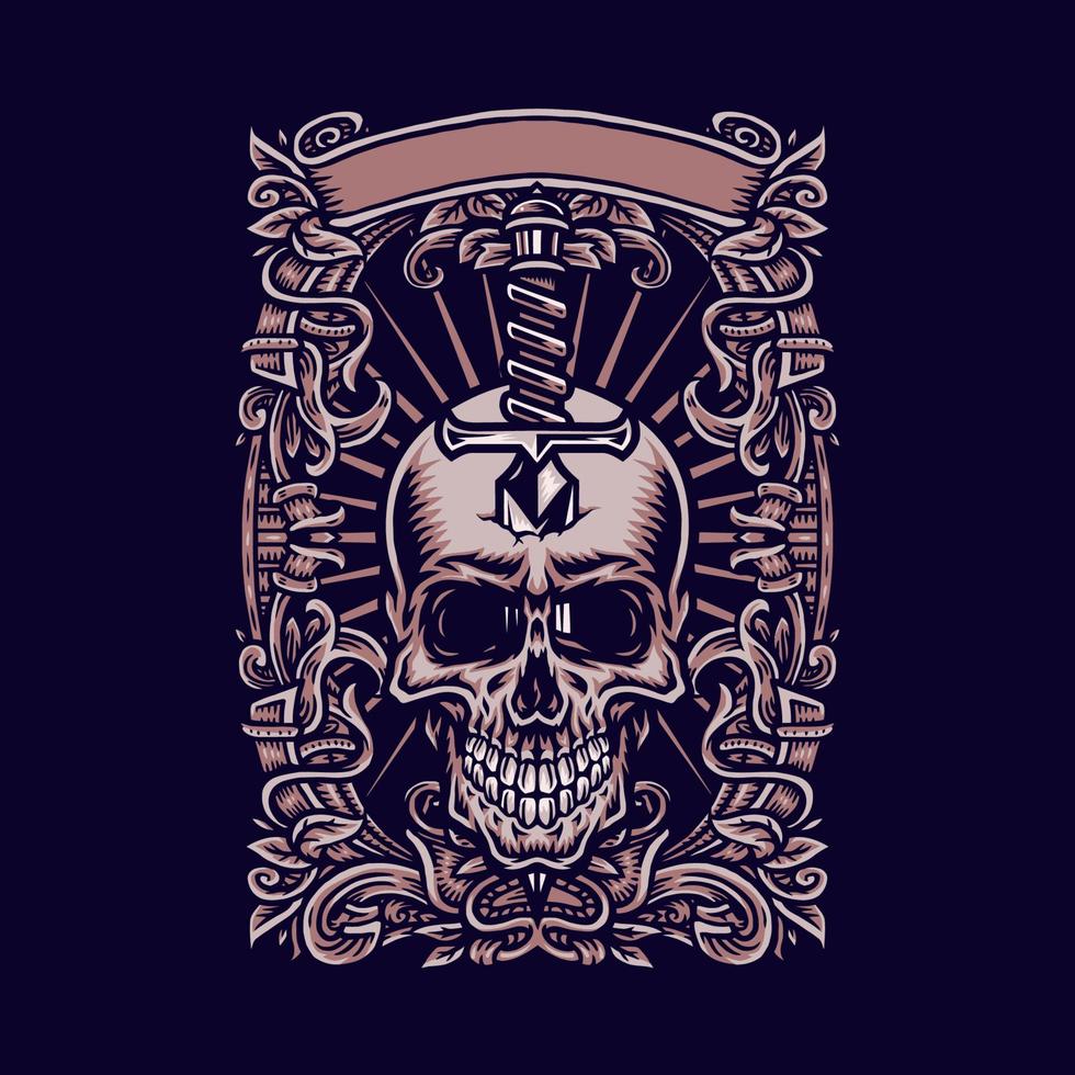 Skull knife with ornate frame, hand drawn line with digital color, vector illustration