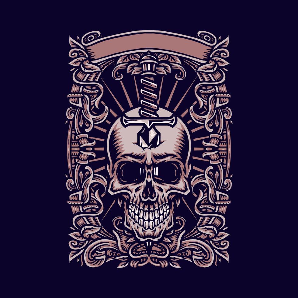 cuchillo de calavera con marco ornamentado, línea dibujada a mano con color digital, ilustración vectorial vector