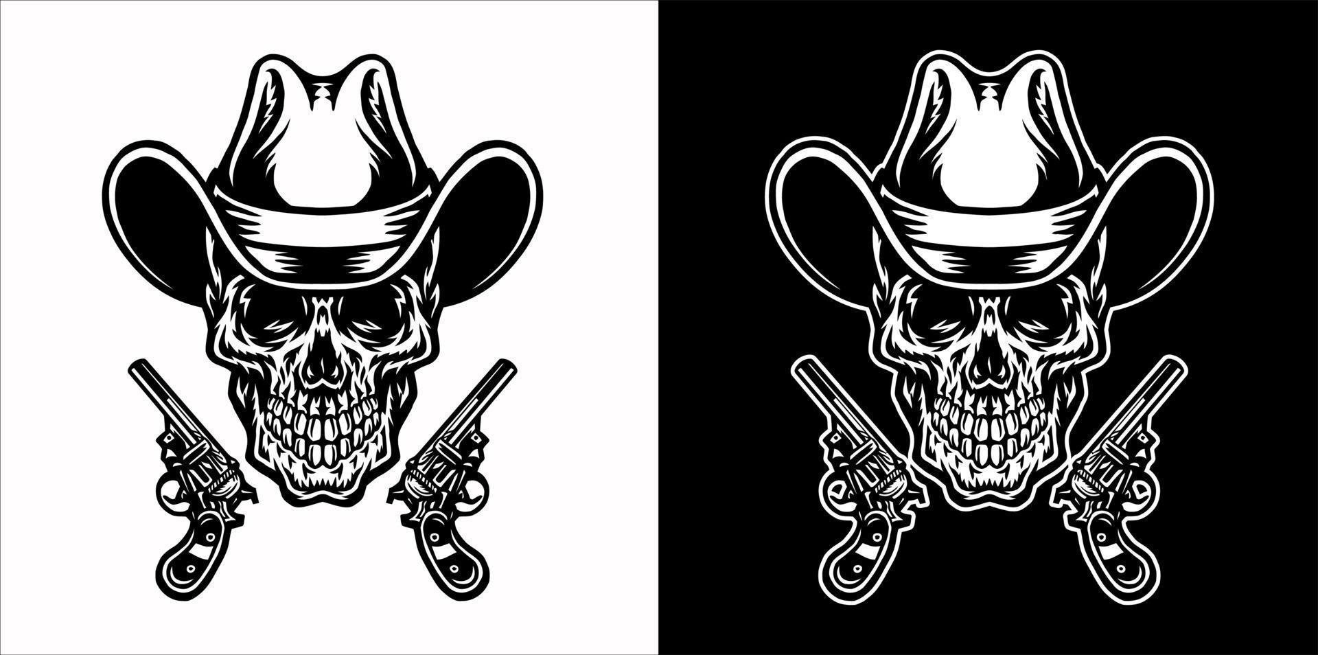 Vector illustration of cowboy skull, isolated on dark and bright background.