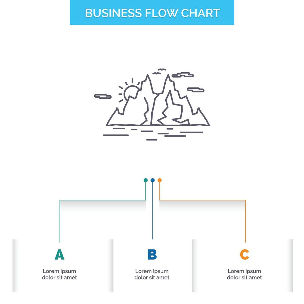 Nature. hill. landscape. mountain. water Business Flow Chart Design with 3 Steps. Line Icon For Presentation Background Template Place for text vector