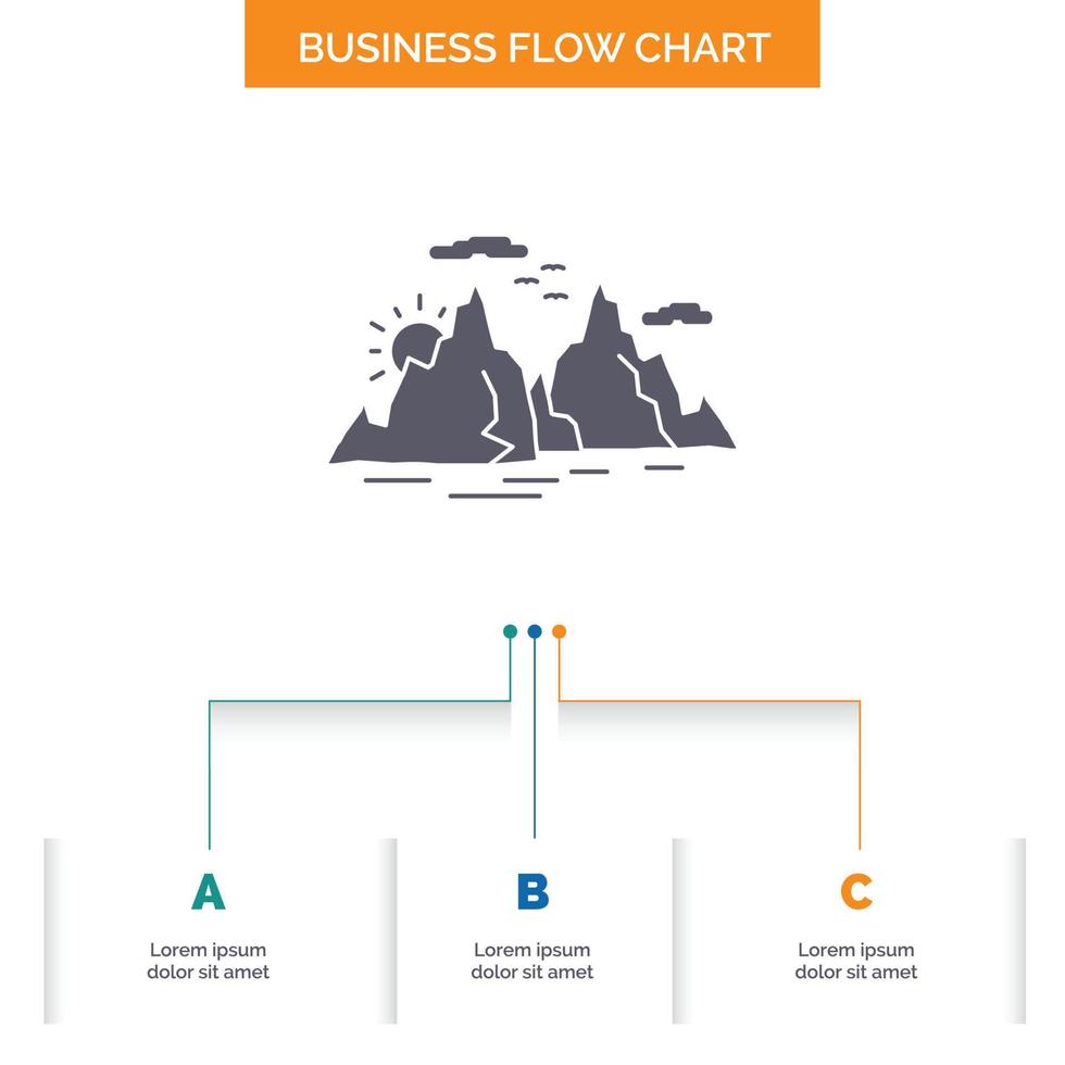 Mountain. hill. landscape. nature. sun Business Flow Chart Design with 3 Steps. Glyph Icon For Presentation Background Template Place for text. vector
