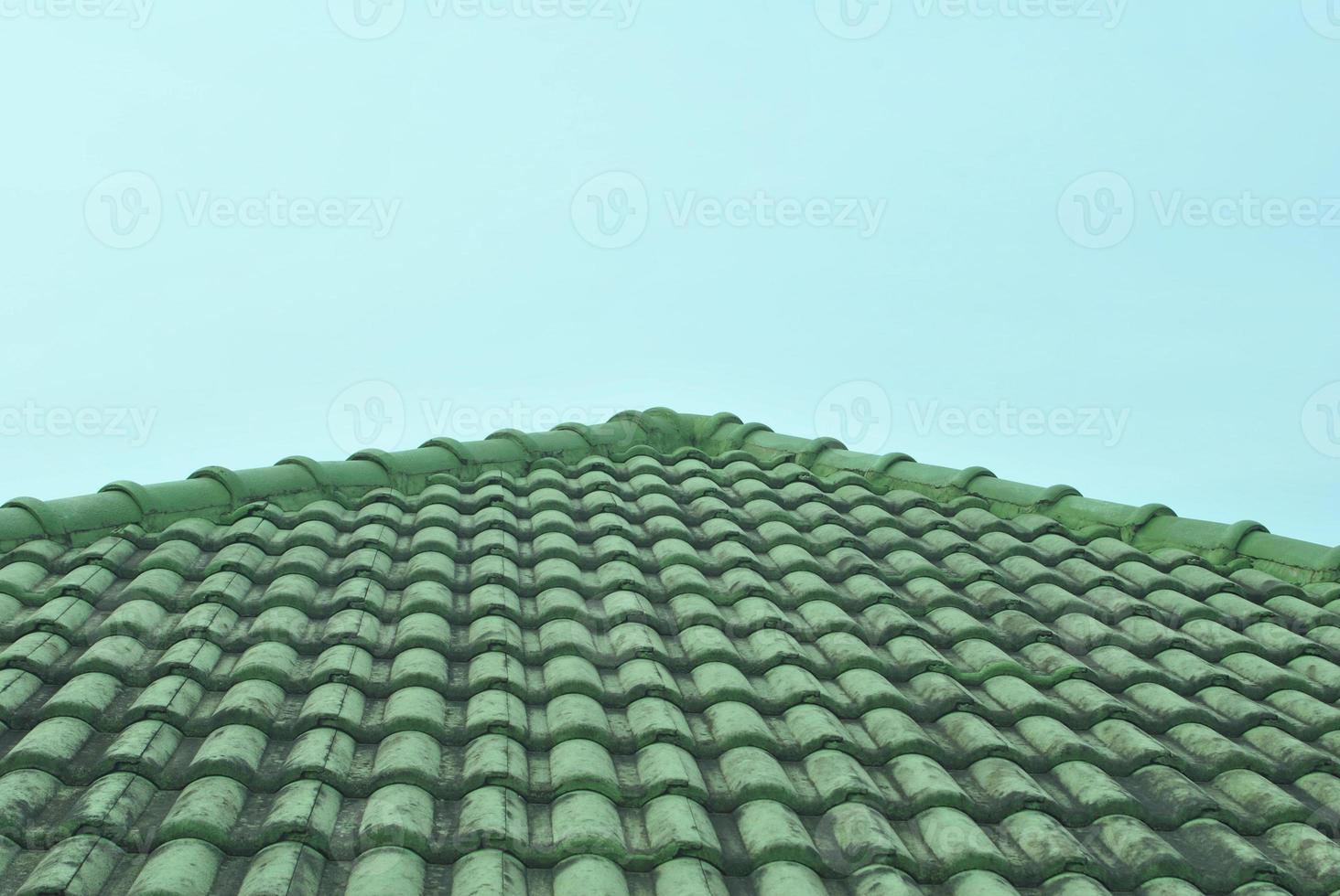 The corner of the green tiled roof looks like a big triangle in the middle of the frame. photo