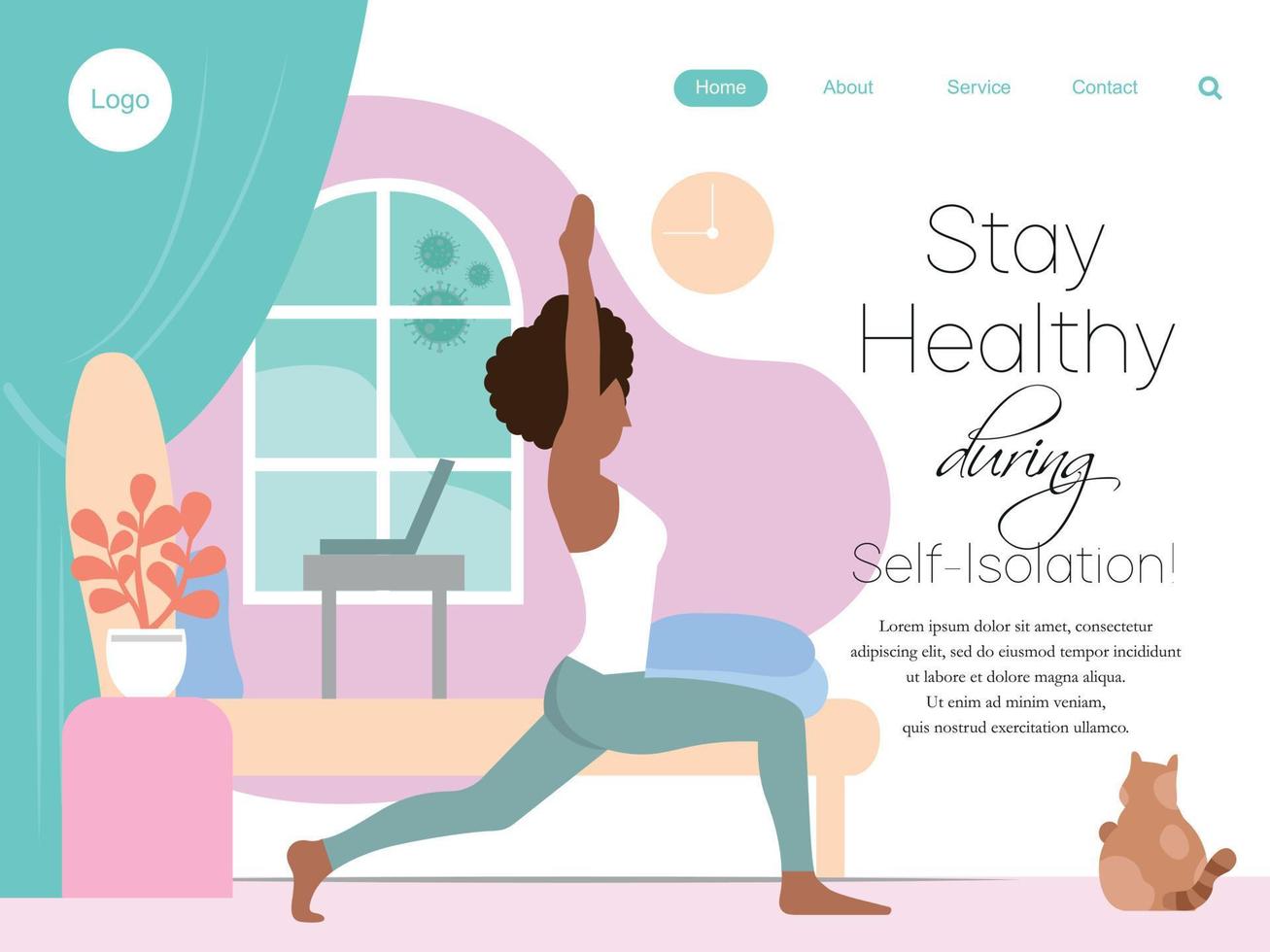 Stay healthy during the Corona virus COVID 19 Epidemic. Modern flat web landing page design template with black girl doing yoga vector