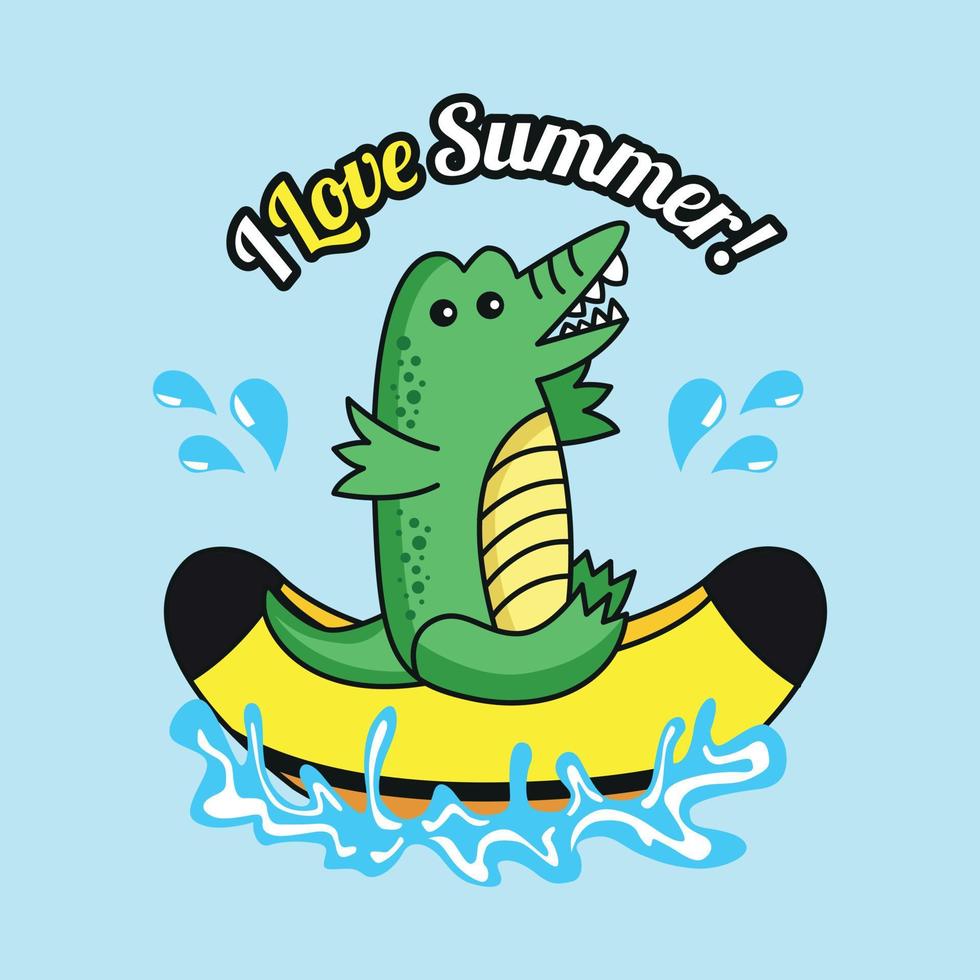 me encanta el verano, la ilustración de un lindo y divertido paseo en cocodrilo en un bote banana. diversión acuática de verano. vector