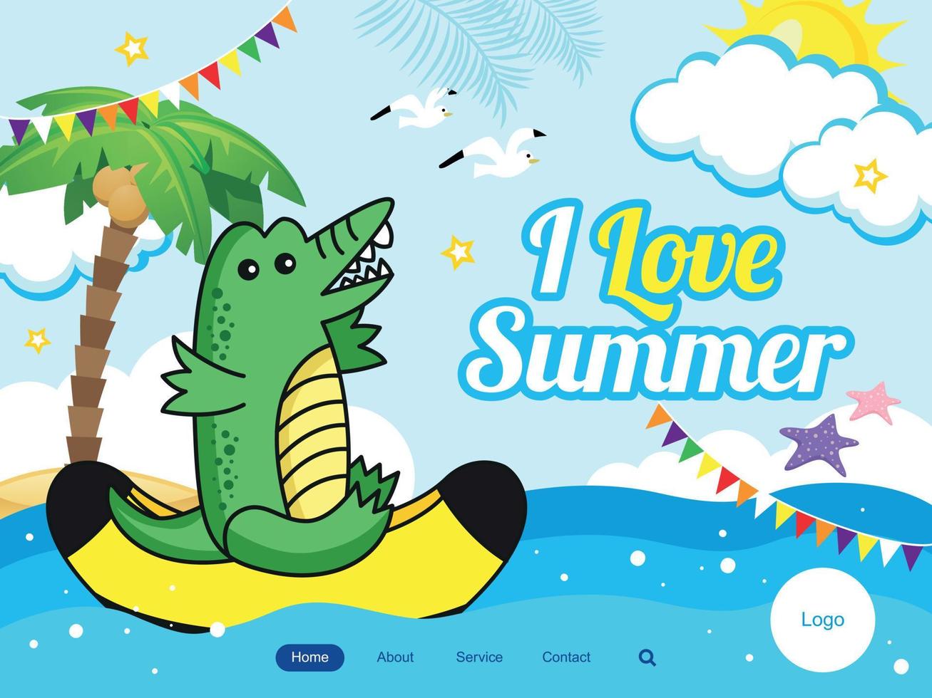 Summer theme banner. Vector illustration of a cute funny crocodile ride on a banana boat. summer water fun. Cute vector illustration concept for website and mobile website development