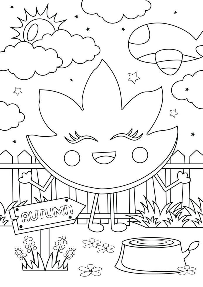 Coloring page with Cute kawaii autumn leaf at the garden vector