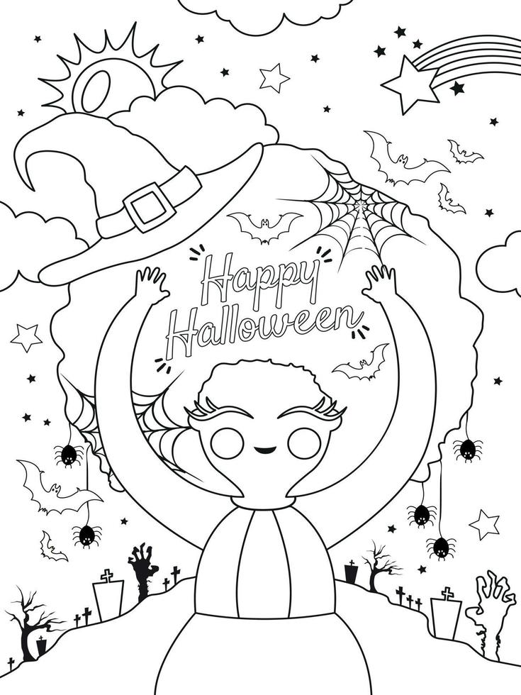 coloring page with little witch vector