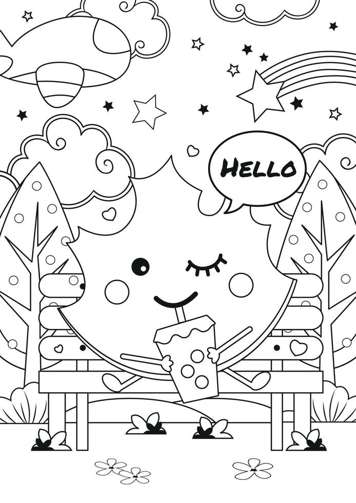 Coloring page with Cute kawaii autumn leaf drinking bubble milk tea vector