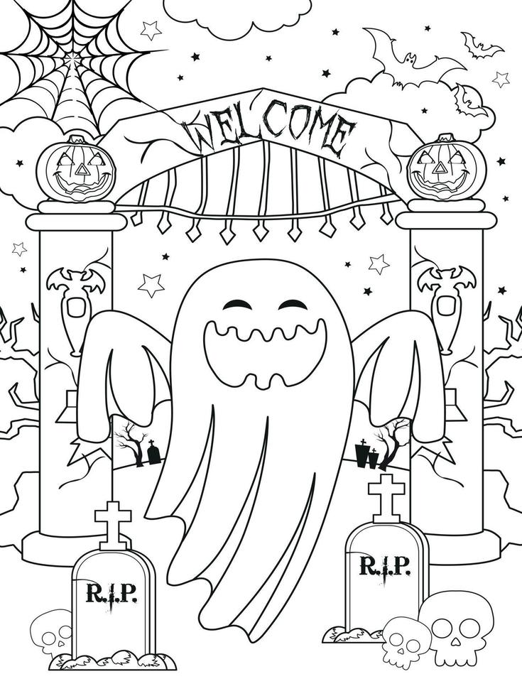 Halloween coloring page of white flying ghost on graveyard gate vector