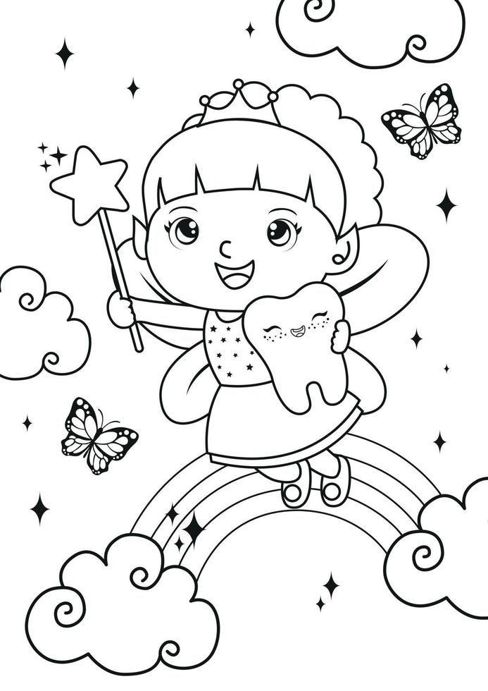 Coloring page with cute little fairy vector