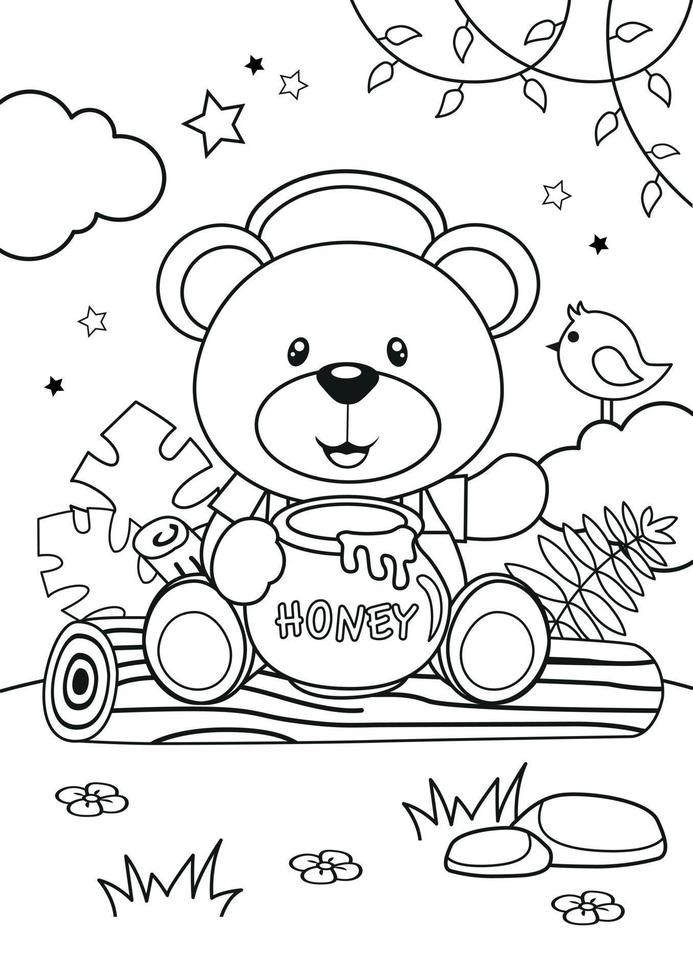 kids coloring page with cute bear in the forest vector