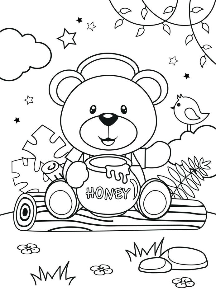 Página para colorear de niños con lindo oso en el bosque vector