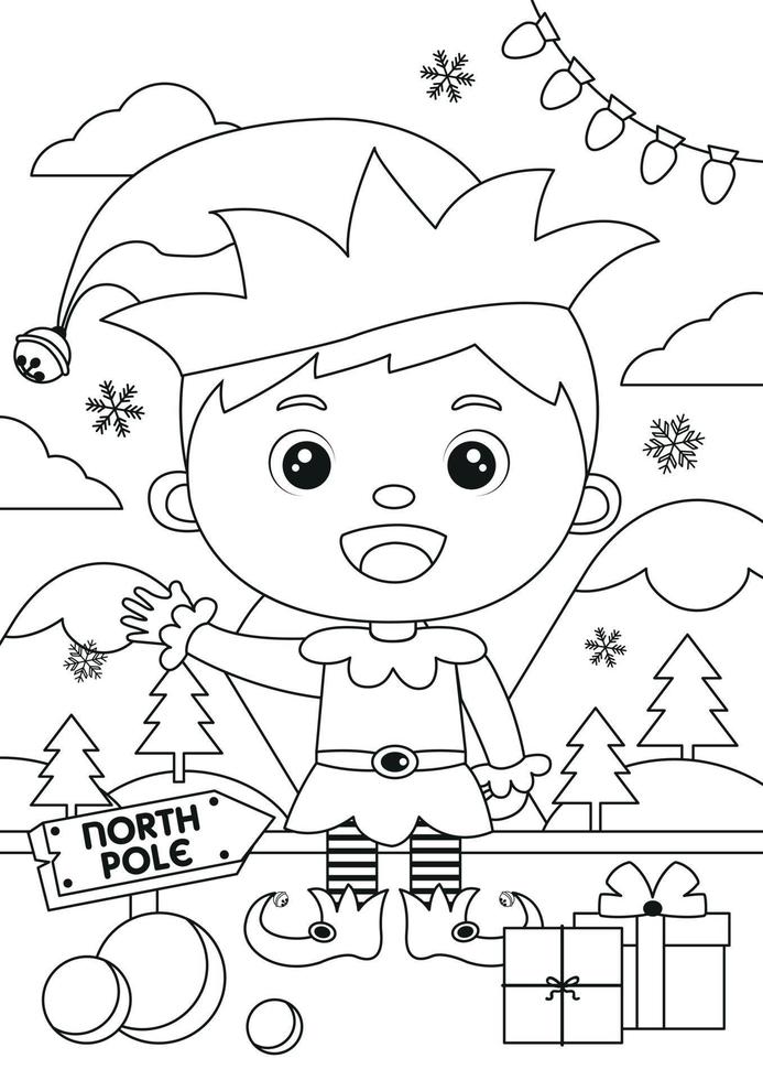Coloring pages with christmas elf vector