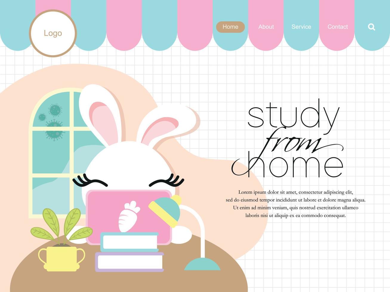 plantilla de página de inicio para curso a distancia. concepto de educación en línea. linda conejita estudia desde casa usando una laptop en su habitación vector