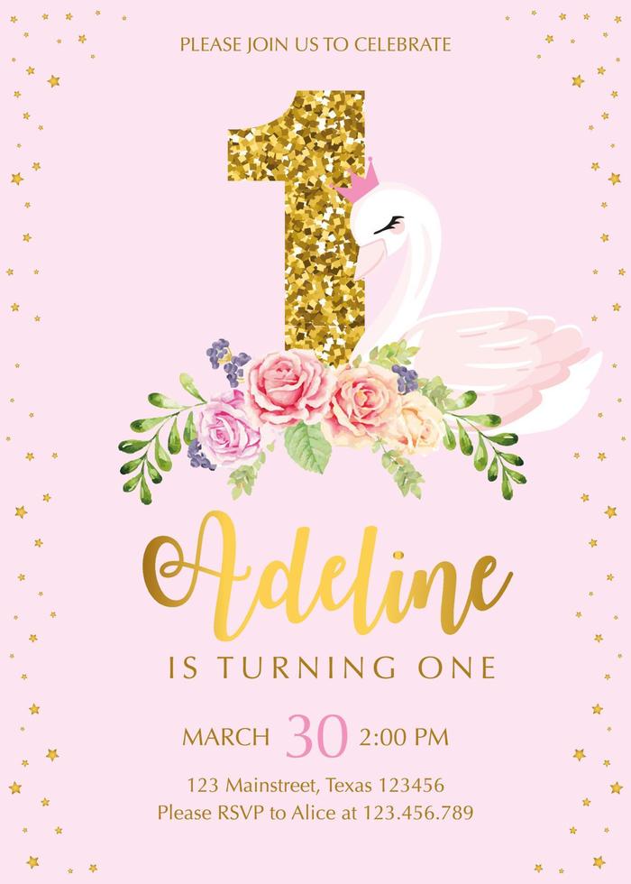 first birthday invitation with cute swan vector