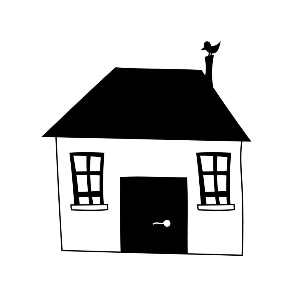 Hand drawn house in doodle style with windows and black door with bird on the pipe. For fabric, prints, kids. Vector illustration.